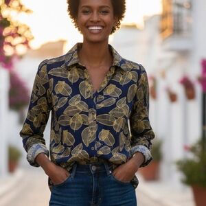 NWT Autonomy Bonmarché Navy Blue Yellow‎ Leaf Print Cotton Shirt Size L